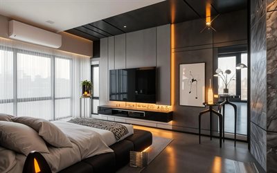 design d'intérieur moderne, chambre à coucher, style loft, projet de chambre à coucher, chambre à coucher en style loft, murs en béton gris dans la chambre, loyer, intérieur élégant de la chambre