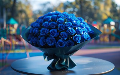 bouquet of roses, 4k, blue roses, bokeh, blue bouquet, roses, brides bouquet, background with roses, blue roses bouquet, blue flowers