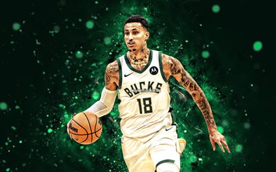 4k, kyle kuzma, valkoinen yhtenäinen, milwaukee bucks, nba, amerikkalaiset koripalloilijat, kyle kuzma 4k, vihreät neonvalot, koripallo, kansallinen koripalloyhdistys, kyle kuzma milwaukee bucks