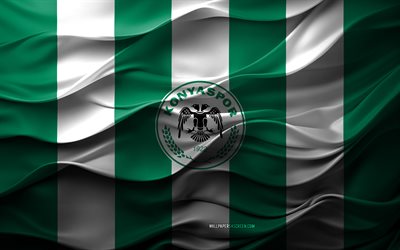 4k, konyaspor logosu, yeşil beyaz 3d arka plan, süper lig, konyaspor amblemi, türk futbol takımı, konyaspor bayrağı, 3d doku, türkiye, konyaspor fc, futbol, konyaspor