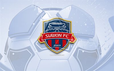 Suwon FC glossy logo, 4K, blue football background, K League 1, soccer, Suwon FC, south korean football club, Suwon FC emblem, Suwon FC logo, FC Suwon