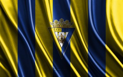 4k, logotipo de cádiz cf, división de segunda, textura de seda azul amarilla, bandera de cádiz cf, equipo de fútbol español, fútbol americano, bandera de seda, cádiz cf emblema, españa, insignia de cádiz cf, cádiz cf