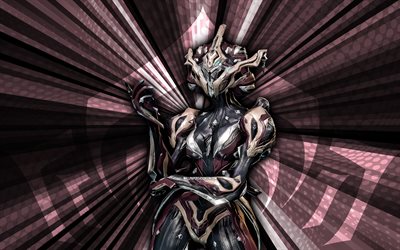 4k, Khora, Warframe, burgundy rays background, abstract art, Warframe skins, Warframe characters, Khora Warframe, creative art