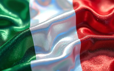 drapeau étincelant d'italie, 4k, bokeh, fête de l'italie, macro, drapeau de l'italie, drapeau italien, drapeau italie, drapeau ondulé d'italie en tissu, art créatif, italie