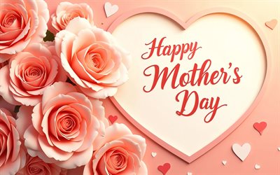 해피 어머니의 날, 4k, 종이 예술, 핑크 하트, 인사말 카드, 해피 어머니의 날 개념, 핑크 장미, 분홍색 붓글씨 편지, 해피 어머니의 날 비문