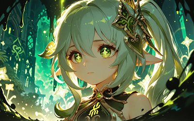 नाहिदा, 4k, किला, अंधेरा कर देता है, जेनशिन प्रभाव, हरी अमूर्त पृष्ठभूमि, जापानी लालटेन, हरी आंखें, नायक, मंगा, जेनशिन इम्पैक्ट पात्र, कलाकृति, नाहिदा जेनशिन प्रभाव