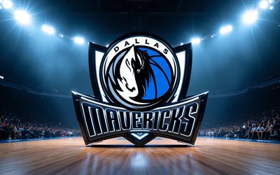 4k, dallas mavericks 3d logosu, sahne ışıkları, basketbol stadyumu arka planı, nba, yaratıcı, basketbol, dallas mavericks'in logosu, dallas mavericks metal logosu, amerikan basketbol takımı, dallas mavericks