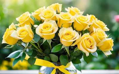 roses jaunes, 4k, jardin, vase en verre, bokeh, bouquet de roses, belles fleurs, fond avec des roses, fleurs jaunes, roses