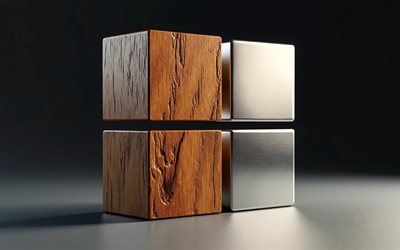 Windows 11 wooden metal logo, 4k, minimalsim, dark background, creative, Windows 11 two-material logo, Windows 11 3D logo, OS brands, Windows 11 logo, Windows 11