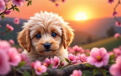 4k, माल्टिपू पिल्ला, सूर्यास्त, वसंत, चेरी खिलना, कुत्ते, प्यारे जानवर, पिल्लों, पालतू जानवर, माल्टिपू, bokeh, वसंत के फूल, माल्टिपू कुत्ता