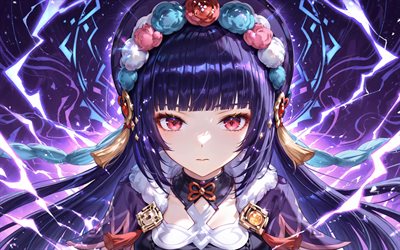 यूं जिन, 4k, बैंगनी रोशनी, जेनशिन प्रभाव, बैंगनी अमूर्त पृष्ठभूमि, एनिमे पात्र, लाल आँखें, जेनशिन इम्पैक्ट पात्र, यूं जिन जेनशिन प्रभाव