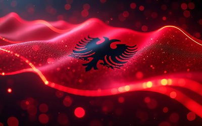 4k, bandeira brilhante da albânia, bokeh, bandeira da albânia, dia da albânia, arte 3d, bandeira albanesa, bandeira de néon da albânia, ondas de néon bandeira da albânia, bandeira 3d da albânia, bandeira abstrata da albânia, albânia