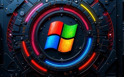 logotipo abstrato do windows xp, 4k, fundo escuro de alta tecnologia, luzes de néon coloridas, condutores, microcircuito, marcas de sistema operacional, logotipo 3d do windows xp, marcas, logotipo colorido do windows xp, obra de arte, logotipo do windows xp, janelas xp