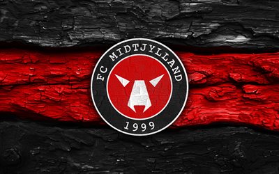fc midtjylland 나무 로고, 4k, 검은 빨간색 나무 배경, 덴마크 수페르리가, 축구, fc 미드질란드 로고, fc 미드질란드 엠블럼, fc 미드질란드, 덴마크 축구 클럽, 미드질란드 fc