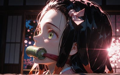 नेज़ुको कमादो, 4k, गुलाबी चमक, रात, दानव वधकर्ता, किमोनो, नायक, दानव वधकर्ता किमेत्सु नो याइबा, हरे बांस का ढकोसला, मंगा, कमादो नेज़ुको, दानव शिकारी, नेज़ुको कमादो किमेत्सु नो याइबा