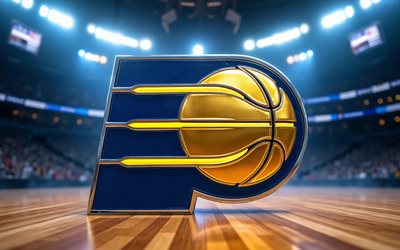 4k, indiana pacers'ın 3d logosu, sahne ışıkları, basketbol stadyumu arka planı, nba, yaratıcı, basketbol, indiana pacers'ın logosu, indiana pacers metal logosu, amerikan basketbol takımı, indiana pacers'ı