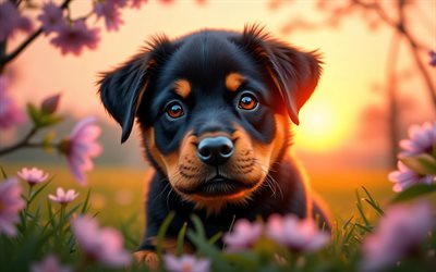 4k, filhote de rottweiler, pôr do sol, primavera, flor de cerejeira, cães, animais fofos, cachorrinhos, animais de estimação, rottweiler, bokeh, flores da primavera, cachorro rottweiler