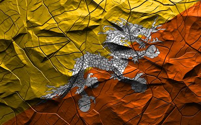 4k, Bhutan flag, stone texture, flag of Bhutan, Asia, Bhutan 3D flag, background with cracks, Bhutan