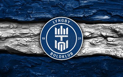 lyngby bk 나무 로고, 4k, 파란색 흰색 나무 배경, 덴마크 수페르리가, 축구, 링비 bk 로고, 링비 bk 엠블럼, 링비 bk, 덴마크 축구 클럽, 링비 fc