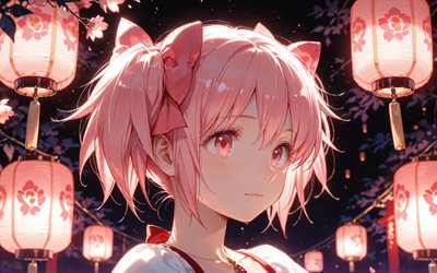 4k, madoka kaname, noite, lanternas japonesas, a puela maga, protagonista, mahou shoujo madoka mágica, mangá, kaname madoka, obra de arte, madoka kaname a puela maga