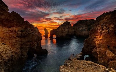 côte de la mer, coucher de soleil, soirée, rochers, baie, beau coucher de soleil, côte, mer, belle baie, falaises de sable