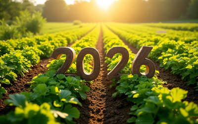 récolte 2026, 4k, champ avec des plantes, concepts de récolte 2026, soirée, planter des plantes 2026, planter des champs 2026, concepts 2026, récolte