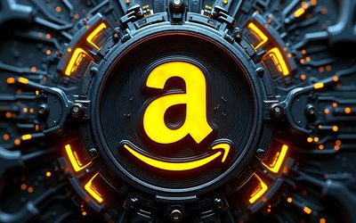 logotipo 3d da amazon, 4k, fundo escuro de alta tecnologia, brilho amarelo, condutores, comércio eletrônico, criativo, logotipo da amazon no microcircuito, marcas, logotipo brilhante da amazon, obra de arte, logotipo da amazon, amazônia