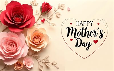 feliz dia das mães, 4k, arte 3d, minimalismo, cartão de felicitações, conceitos de feliz dia das mães, fundo bege, rosas vermelhas, letras caligráficas, inscrição de feliz dia das mães