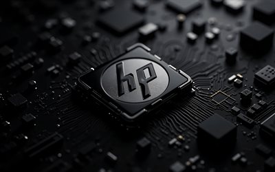 hp koyu siyah logosu, 4k, hewlett packard logosu, koyu siyah arka plan, hp 3d siyah işareti, hp, hp koyu logosu, karanlık tekno arka plan, hewlett packard, siyah arka plan, hp krom amblemi