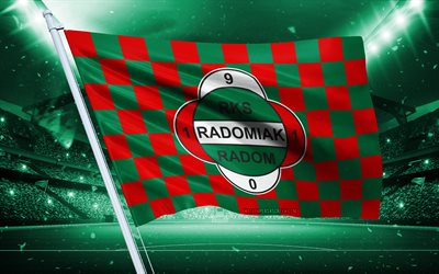 4k, logo radomiak fc, società calcistica polacca, bandiera dello stadio, bandiera dei tifosi del radomiak fc, bandiera verde rossa, stemma del radomiak fc, ekstraklasa, polonia, calcio, radomiak fc