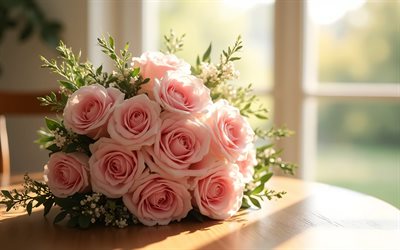 bouquet de roses roses sur une table, 4k, belles fleurs, roses, roses roses, bouquet sur une table, fond avec des roses, soirée