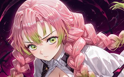 मित्सुरी कन्रोजी, 4k, बैंगनी अमूर्त पृष्ठभूमि, दानव वधकर्ता, नायक, गुलाबी बाल, दानव वधकर्ता किमेत्सु नो याइबा, मंगा, कन्रोजी मित्सुरी, दानव शिकारी, मित्सुरी कन्रोजी किमेत्सु नो याइबा