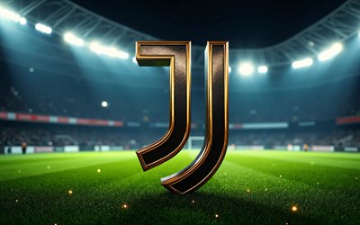 4k, 유벤투스 fc 3d 로고, 밤, 스포트라이트, 축구 경기장, 세리에 a, 축구, 유벤투스 fc 로고, 유벤투스 fc 금속 로고, 유벤투스 fc, 이탈리아 축구 클럽, 유벤투스 로고