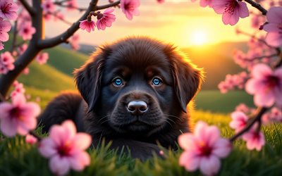 4k, filhote de terra nova, pôr do sol, primavera, flor de cerejeira, cães, animais fofos, cachorrinhos, animais de estimação, terra nova, bokeh, flores da primavera, cão da terra nova