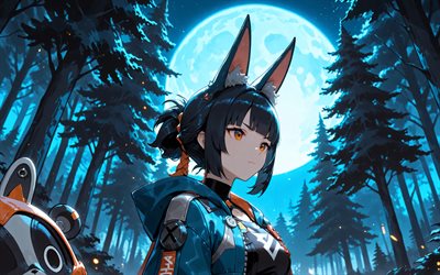 4k, 호시미 미야비, 푸른 달, 밤, 젠리스 존 제로, 숲, 만화, zenless zone zero 캐릭터, 아이콘 프로스트 프로스트, 아이콘 이상 이상, 호시미 미야비 젠레스 존 제로