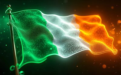 drapeau lumineux de l'irlande, 4k, art numérique, fond abstrait sombre, drapeau irlandais sur le mât, rayons de néon, drapeau de l'irlande, europe, tissu vagues drapeau irlande, drapeau 3d de l'irlande, irlande