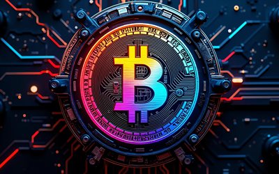 bitcoin soyut logosu, 4k, karanlık yüksek teknoloji arka planı, renkli neon ışıklar, iletkenler, mikrodevre, kripto para birimleri, bitcoin 3d logosu, markalar, bitcoin renkli logosu, blok zinciri, bitcoin logosu, bitcoin