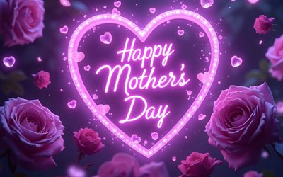 4k, 해피 어머니의 날, 어둠, 보라색 네온 하트, 보라색 장미, 해피 어머니의 날 개념, 인사말 카드, 보라색 네온 글자, 해피 어머니의 날 비문