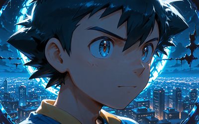 cinza ketchum, 4k, paisagem noturna, luzes de néon azuis, pokémon, protagonista, satoshi, mangá, personagens pokémon, obra de arte, pokémon ash ketchum