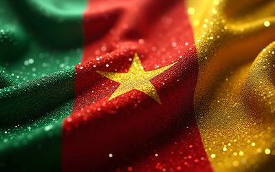 علم الكاميرون, 4k, الأحجار الكريمة, بلورات, حجارة لامعة, الكاميرون, الفن الإبداعي, الأحجار الكريمة الحمراء الصفراء الخضراء, بلورات حمراء