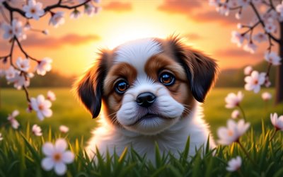 4k, filhote de shih tzu, pôr do sol, primavera, flor de cerejeira, cães, animais fofos, cachorrinhos, animais de estimação, shih tzu, bokeh, flores da primavera, cachorro shih tzu