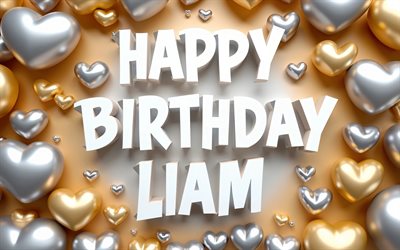 4k, 리암 생일 축하해, 황금 배경, 리암 이름, 리암 생일, 황금은 3d 풍선, 인기있는 미국 남자 이름, 이름이 liam인 사진, 리암