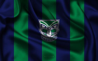 4k, logo der new zealand warriors, australisches rugby team, nrl, blaugrüner seidenstoff, nationale rugby liga, emblem der new zealand warriors, neuseeländische krieger, australien, rugby, unterschreiben der new zealand warriors
