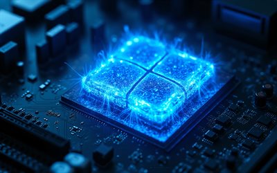 Windows 11 glowing blue logo, 4k, Windows 11 blue glowing sign, Windows 11 logo, Windows 11 glowing blue emblem, Windows 11, blue technology background, Windows logo, Windows