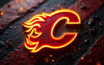 calgary flames 빛나는 로고, 4k, 빨간 금속 배경, nhl, 캘거리 플레임스 로고, 캘거리 불꽃 엠블럼, 미국, 캘거리 플레임스, 하키