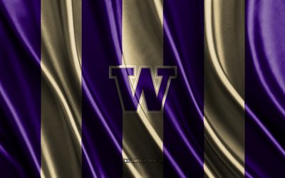 4k, Washington Huskies logo, NCAA, purple white silk texture, Washington Huskies flag, American football club, silk flag, Washington Huskies emblem, USA, Washington Huskies