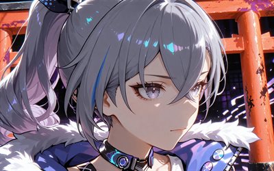 4k, चांदी का भेड़िया, क्लोज़ अप, तोरी द्वार, होन्काई स्टार रेल, अंधेरा, बैंगनी चमक, एनिमे पात्र, मंगा, होन्काई स्टार रेल पात्र, सिल्वर वुल्फ होन्काई स्टार रेल