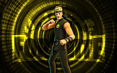 karateka jones fortnite, 4k, keltainen kierre tausta, fortnite, luova, karateka jones skin, fortnite karateka jones skin, karateka jones, fortnite hahmot