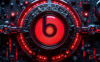 logotipo 3d do beats, 4k, fundo escuro de alta tecnologia, brilho vermelho, condutores, marcas de eletrônicos, criativo, logotipo do beats no microcircuito, marcas, bate o logotipo brilhante, obra de arte, logotipo do beats, batidas
