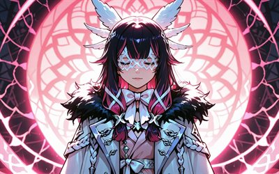 4k, कोलंबिना, गुलाबी नीयन आभूषण, अंधेरा, जेनशिन प्रभाव, गुलाबी अमूर्त पृष्ठभूमि, मंगा, एनिमे पात्र, कोलंबिना हाइपोसेलेनिया, जेनशिन इम्पैक्ट पात्र, कोलंबिना जेनशिन प्रभाव